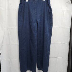 Darling Womens Pants 100% Linen XXL Elastic Waist Wide Leg Hig Rise Navy Blue